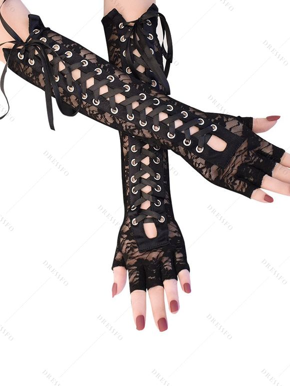 Gants d'avant-bras à lacets Gants sans doigts à empiècement en dentelle - Noir 