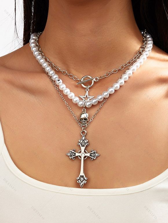 Collier gothique à 3 couches avec pendentif tête de mort et croix en fausses perles - Argent 