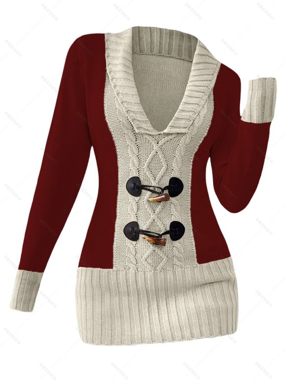 Pull décontracté à col plongeant et boutons en corne de couleur contrastée - Rouge Vineux M