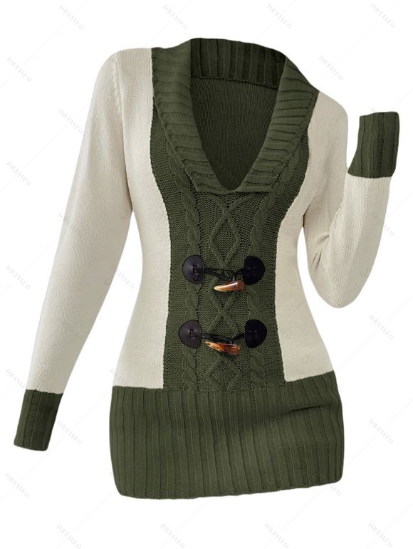 Pull décontracté à col plongeant et boutons en corne de couleur contrastée - Vert Armée XXL