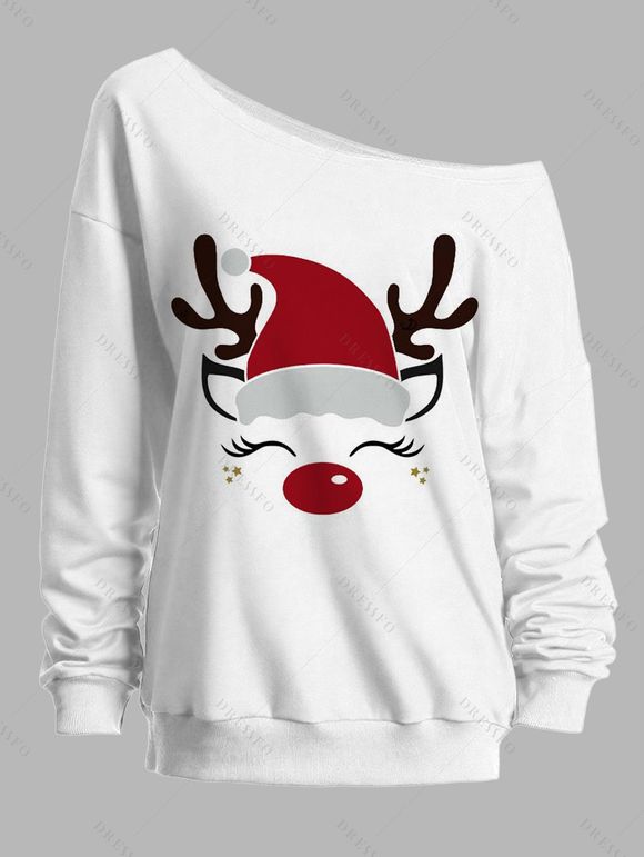 Sweat-shirt de vacances avec chapeau de Noël et élan, sweat-shirt à col incliné - Blanc S | US 4