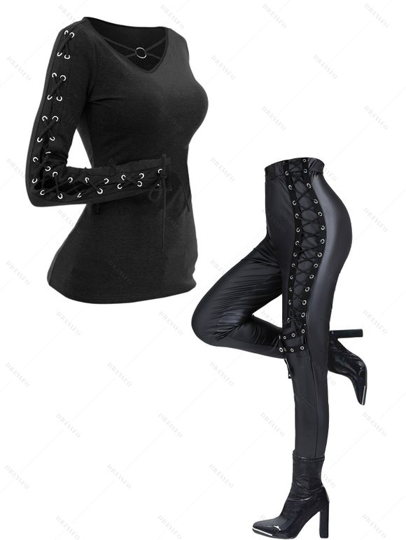 Gothic Women Outfit Crisscross V Neck Lace Up Top and Lace Up Buckle Pants Set - Noir S | US 4