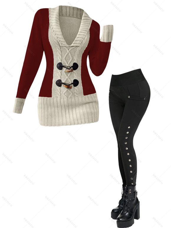 Women Outfit Contrast Color Mock Horn Button Sweater and Snap Button Pants Set - Rouge Vineux S | US 4