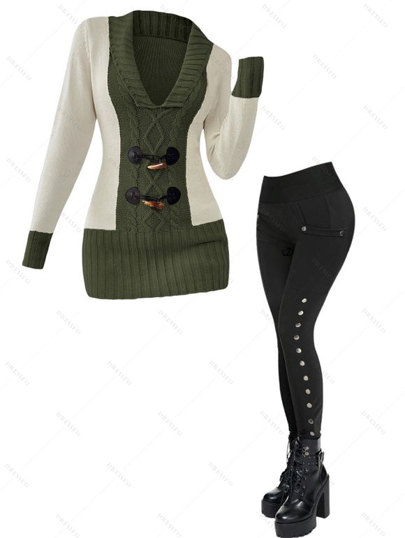 Women Outfit Contrast Color Mock Horn Button Sweater and Snap Button Pants Set - Vert Armée S | US 4