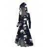 Robe gothique à capuche, imprimé tête de mort et roses, à lacets, coupe haute et basse - Bleu de Minuit S | US 4