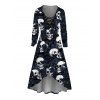 Robe gothique à capuche, imprimé tête de mort et roses, à lacets, coupe haute et basse - Bleu de Minuit S | US 4