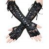Gants gothiques à lacets avec empiècement en dentelle et sans doigts - Noir 