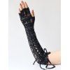 Gants gothiques à lacets avec empiècement en dentelle et sans doigts - Noir 