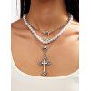 Collier gothique à 3 couches avec pendentif tête de mort et croix en fausses perles - Argent 