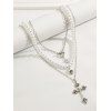 Collier gothique à 3 couches avec pendentif tête de mort et croix en fausses perles - Argent 