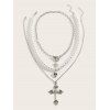 Collier gothique à 3 couches avec pendentif tête de mort et croix en fausses perles - Argent 