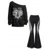 Gothic Outfit Skulls Heart Letter Print Sweatshirt and Lace Up Flare Pants Set - Noir S | US 4