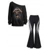 Gothic Outfit Skull Skeleton Hand Print Sweatshirt and Lace Up Flare Pants Set - Noir S | US 4