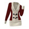 Pull décontracté à col plongeant et boutons en corne de couleur contrastée - Rouge Vineux M
