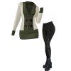 Women Outfit Contrast Color Mock Horn Button Sweater and Snap Button Pants Set - Vert Armée S | US 4