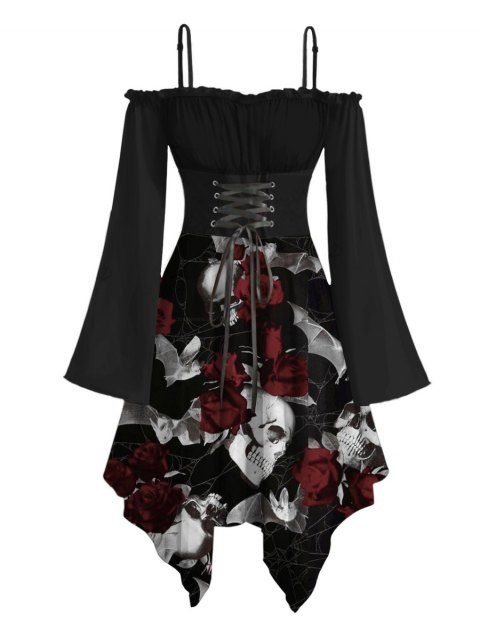 Robe gothique à imprimé tête de mort et rose, à lacets, épaules dénudées, mouchoir, pour Halloween