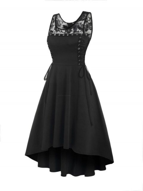 Robe gothique à lacets et œillets, robe mi-longue à découpes et nœud papillon en dentelle fleurie