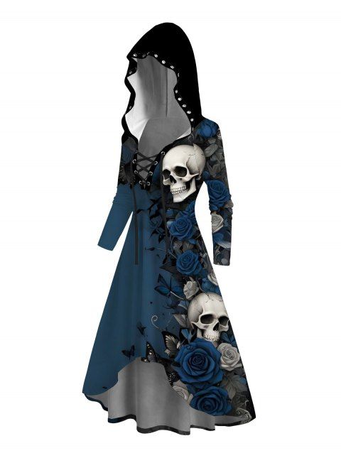 Robe à capuche gothique à lacets avec imprimé tête de mort, rose et papillon