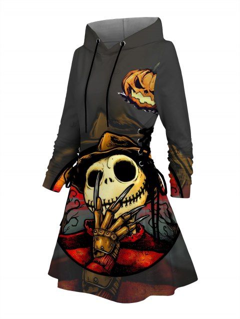 Robe à capuche d'Halloween à imprimé tête de mort et citrouille, mini-robe à lacets et cordons de serrage