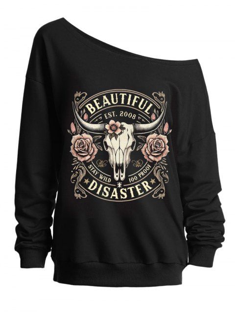 Sweat-shirt gothique à col oblique et imprimé lettres vache et rose