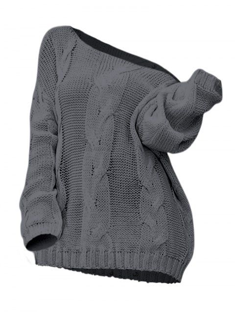 Pull en maille torsadée de couleur unie, col oblique, manches longues