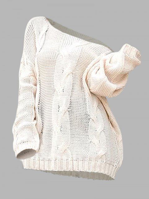 Pull en maille torsadée de couleur unie, col oblique, manches longues