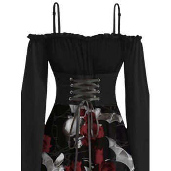 Skull Rose Print Gothic Dress Lace Up Off the Shoulder Handkerchief Dress for Halloween