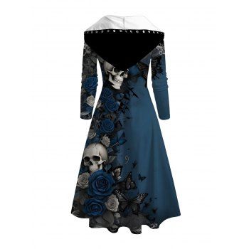 Skull Rose Butterfly Print Lace Up High Low Gothic Hoodie Dress