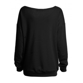 Gothic Sweatshirt Cow Rose Letter Print Skew Neck Sweatshirt