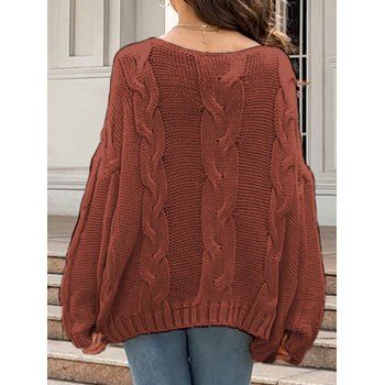 Solid Color Cable Knit Sweater Skew Neck Long Sleeve Top