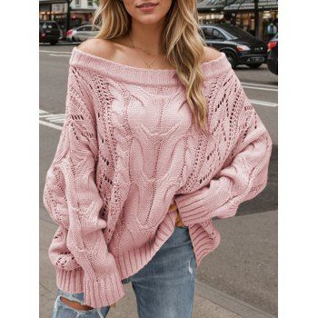 Solid Color Cable Knit Sweater Off the Shoulder Pullover Top