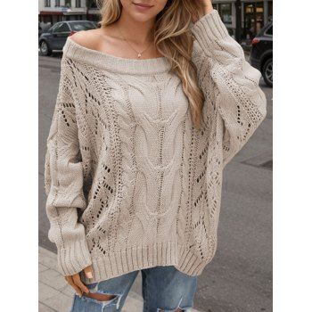 Solid Color Cable Knit Sweater Off the Shoulder Pullover Top
