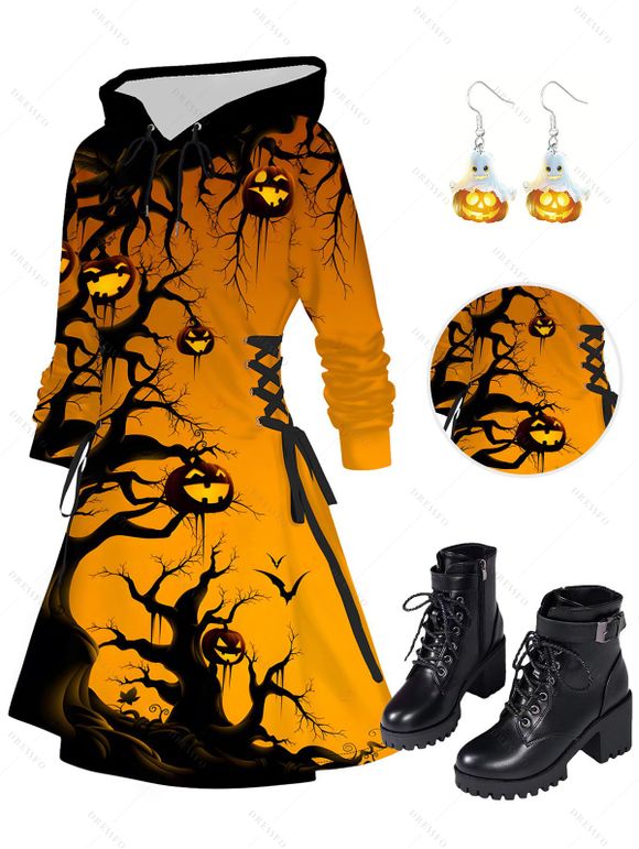 Halloween Outfit Pumpkin Bat Print Lace Up Hoodie Dress and Ghost Earrings Boots Set - Orange S | US 4
