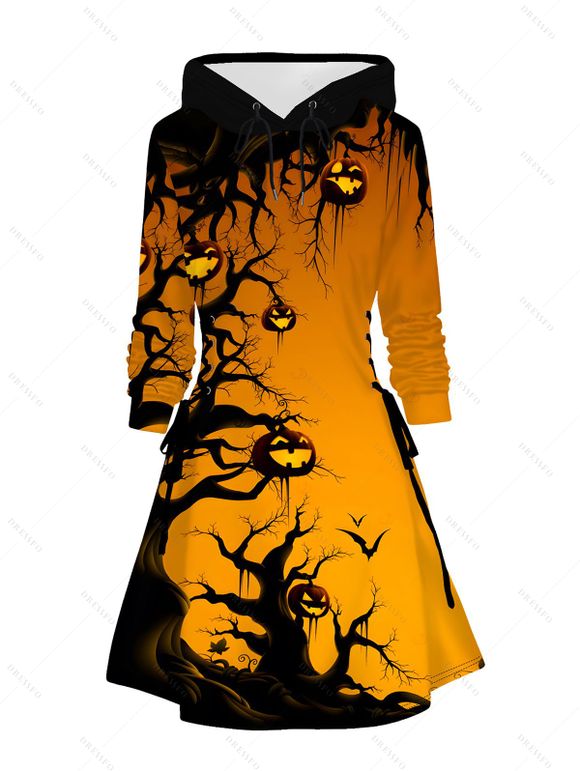 Halloween Outfit Pumpkin Bat Print Lace Up Hoodie Dress and Ghost Earrings Boots Set - Orange S | US 4