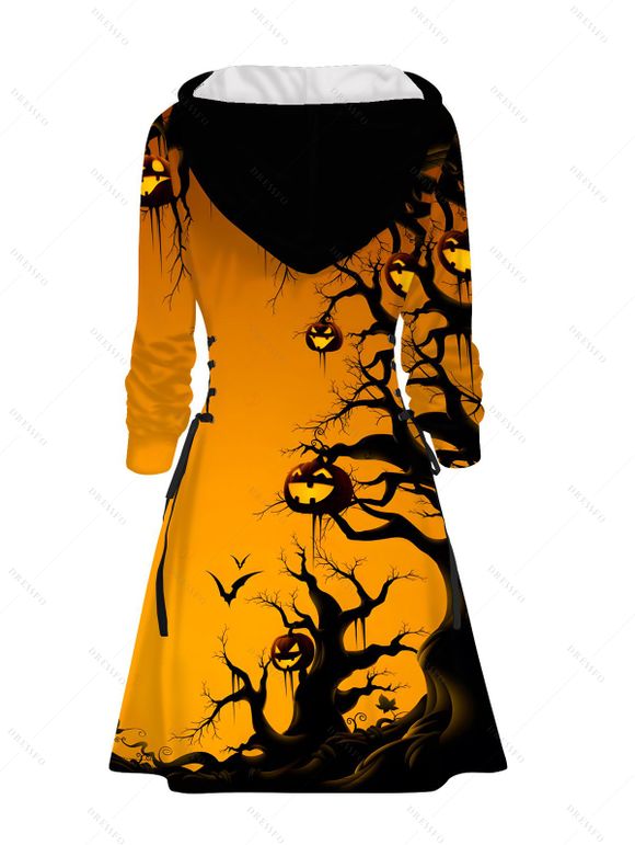Halloween Outfit Pumpkin Bat Print Lace Up Hoodie Dress and Ghost Earrings Boots Set - Orange S | US 4