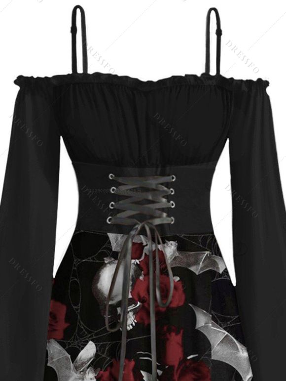Robe gothique à imprimé tête de mort et rose, à lacets, épaules dénudées, mouchoir, pour Halloween - Noir XXL | US 14