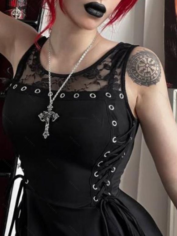 Robe Mi-longue Haute Basse Gothique Découpée Panneau en Dentelle - Noir XXL