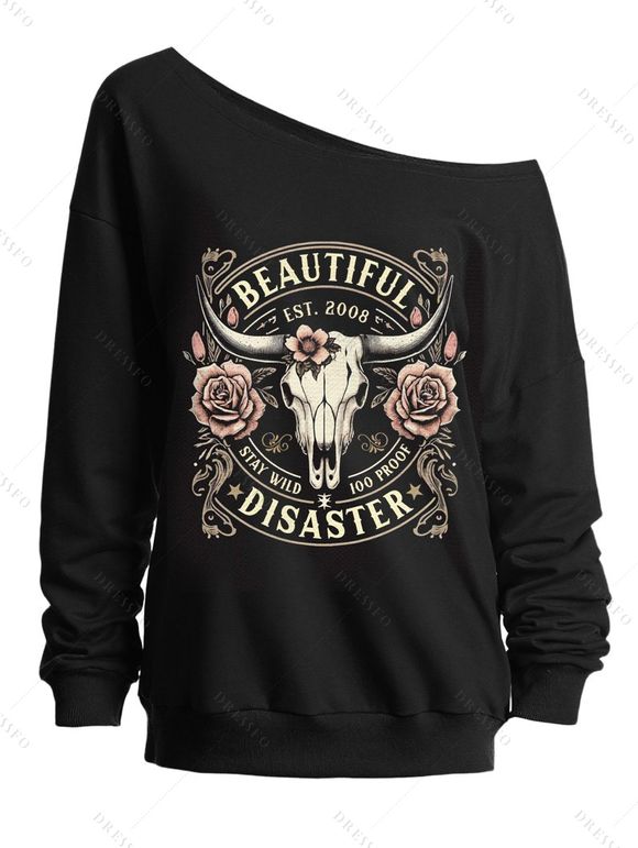Sweat-shirt gothique à col oblique et imprimé lettres vache et rose - Noir XL | US 12