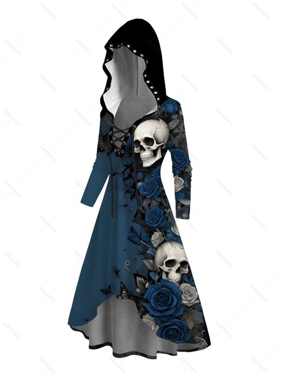 Robe à capuche gothique à lacets avec imprimé tête de mort, rose et papillon - Bleu de Minuit XL | US 12