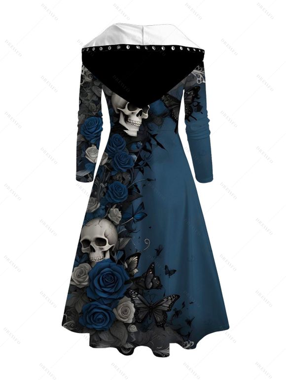 Robe à capuche gothique à lacets avec imprimé tête de mort, rose et papillon - Bleu de Minuit XXXXL | US 18