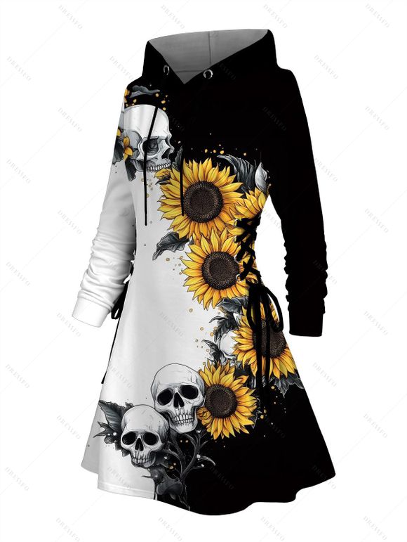 Robe à capuche gothique, imprimé tête de mort, tournesol, colorblock, lacets, cordons de serrage, mini-robe - Noir L | US 8-10