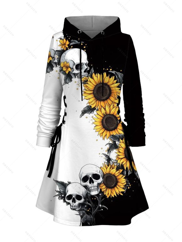Robe à capuche gothique, imprimé tête de mort, tournesol, colorblock, lacets, cordons de serrage, mini-robe - Noir XXXXL | US 18