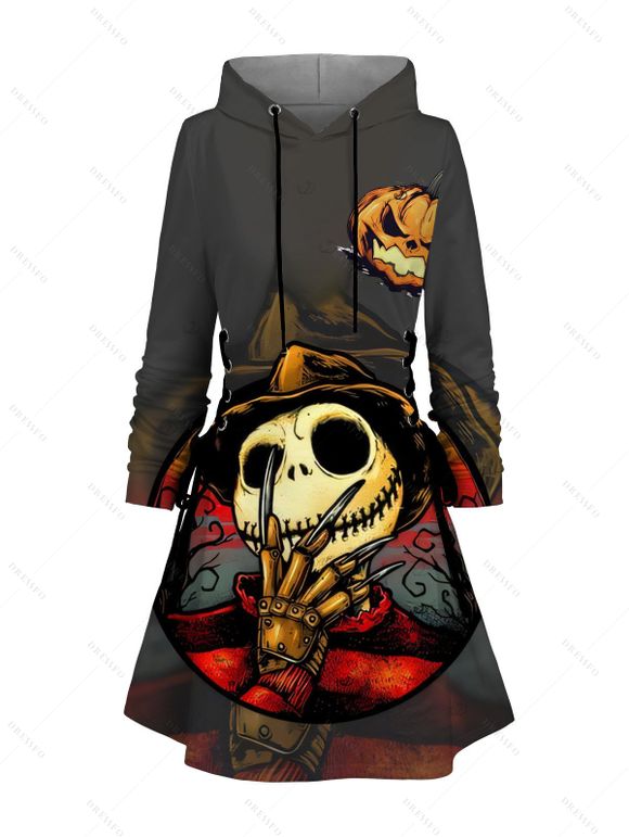 Robe à capuche d'Halloween à imprimé tête de mort et citrouille, mini-robe à lacets et cordons de serrage - Gris Foncé XXL | US 14