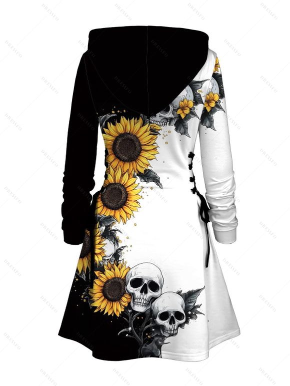 Robe à capuche gothique, imprimé tête de mort, tournesol, colorblock, lacets, cordons de serrage, mini-robe - Noir XXXXL | US 18