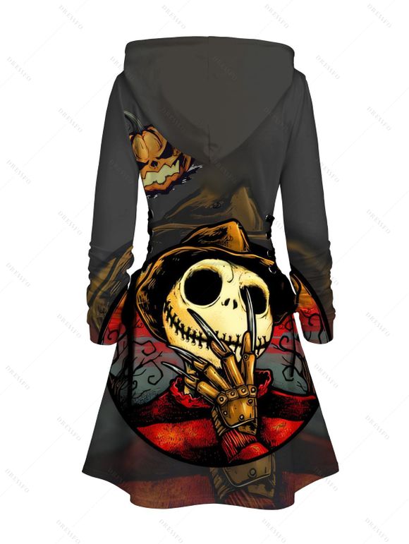 Robe à capuche d'Halloween à imprimé tête de mort et citrouille, mini-robe à lacets et cordons de serrage - Gris Foncé XXL | US 14