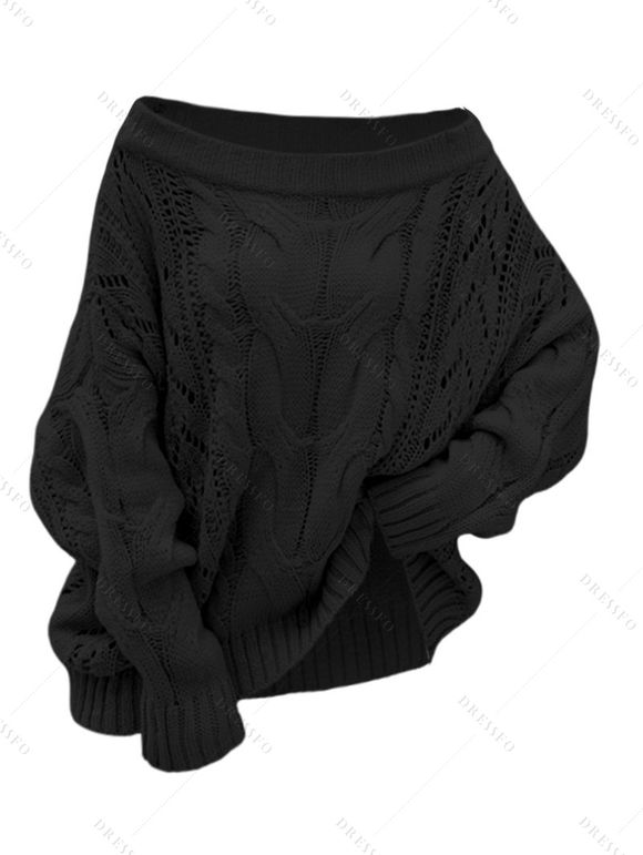 Pull en maille torsadée de couleur unie à épaules dénudées - Noir M | US 6