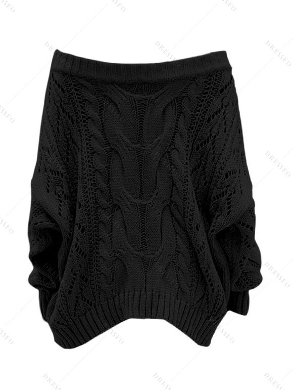 Pull en maille torsadée de couleur unie à épaules dénudées - Noir S | US 4