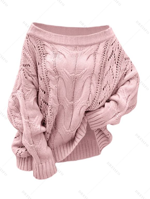Pull en maille torsadée de couleur unie à épaules dénudées - Rose clair M | US 6
