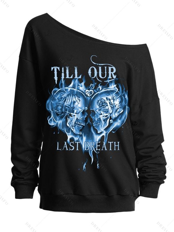 Sweat-shirt gothique pour Halloween, imprimé tête de mort, cœur, lettres, col oblique - Pers L | US 8-10