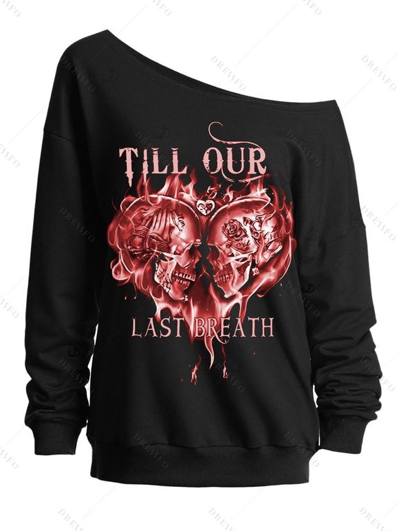Sweat-shirt gothique pour Halloween, imprimé tête de mort, cœur, lettres, col oblique - Cuivre L | US 8-10